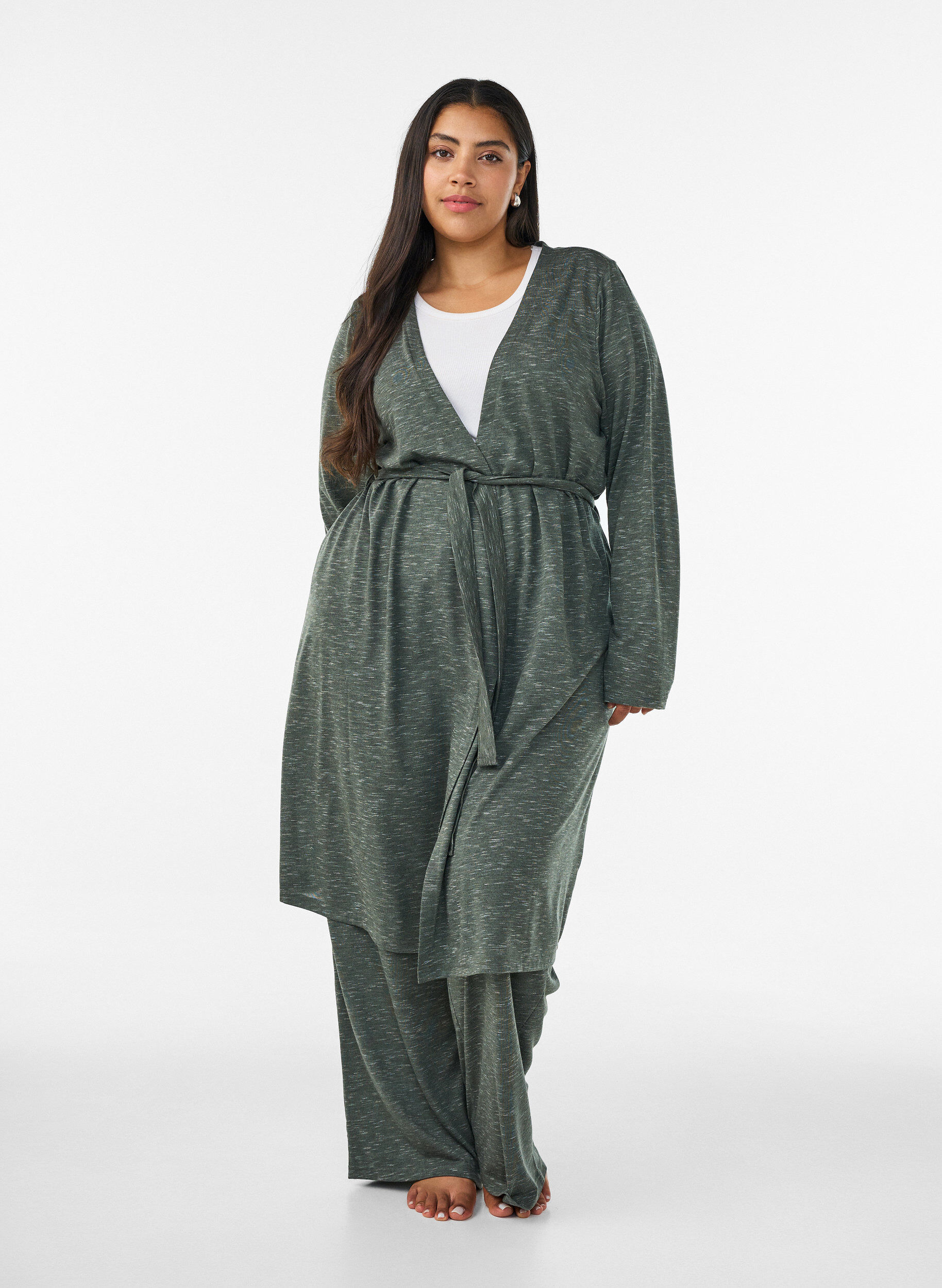 Lange jersey vest met strikceintuur, Groen, Model