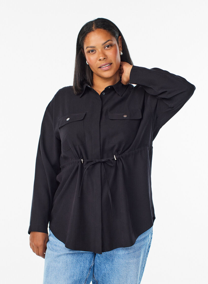 Tuniek met borstzakken en verstelbare taille, Zwart, Model image number 0