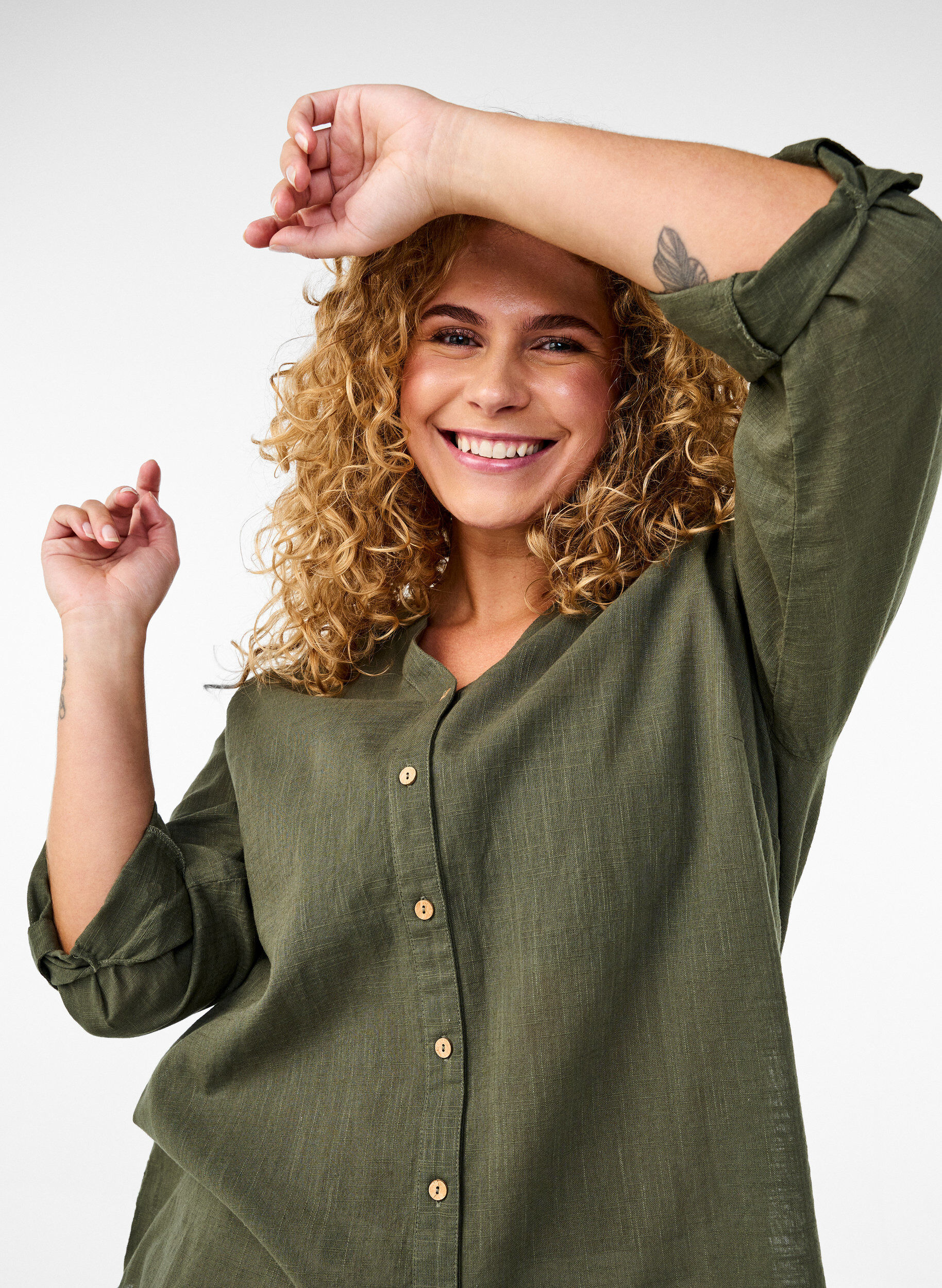 ZizziKatoenen blouse met een V-hals, Groen, Image image number 0