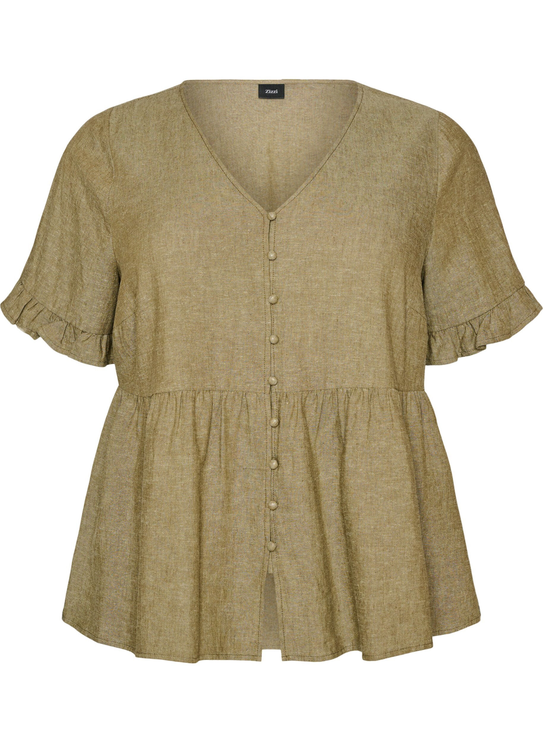 ZizziBlouse in linnen en viscose met een V-hals en knoopsluiting, Groen, Packshot image number 0