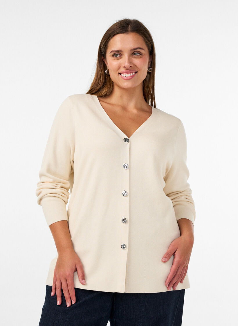 Fijngebreide cardigan met decoratieve knopen, Vanille, Model image number 0