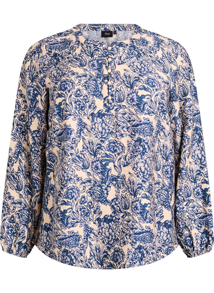 Blouse met lange mouwen met patroon en knopen, Blauw, Packshot image number 0