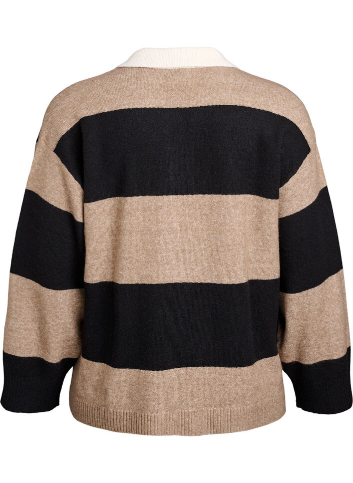 Gebreide blouse met kraag en V-hals, Zwart, Packshot image number 1