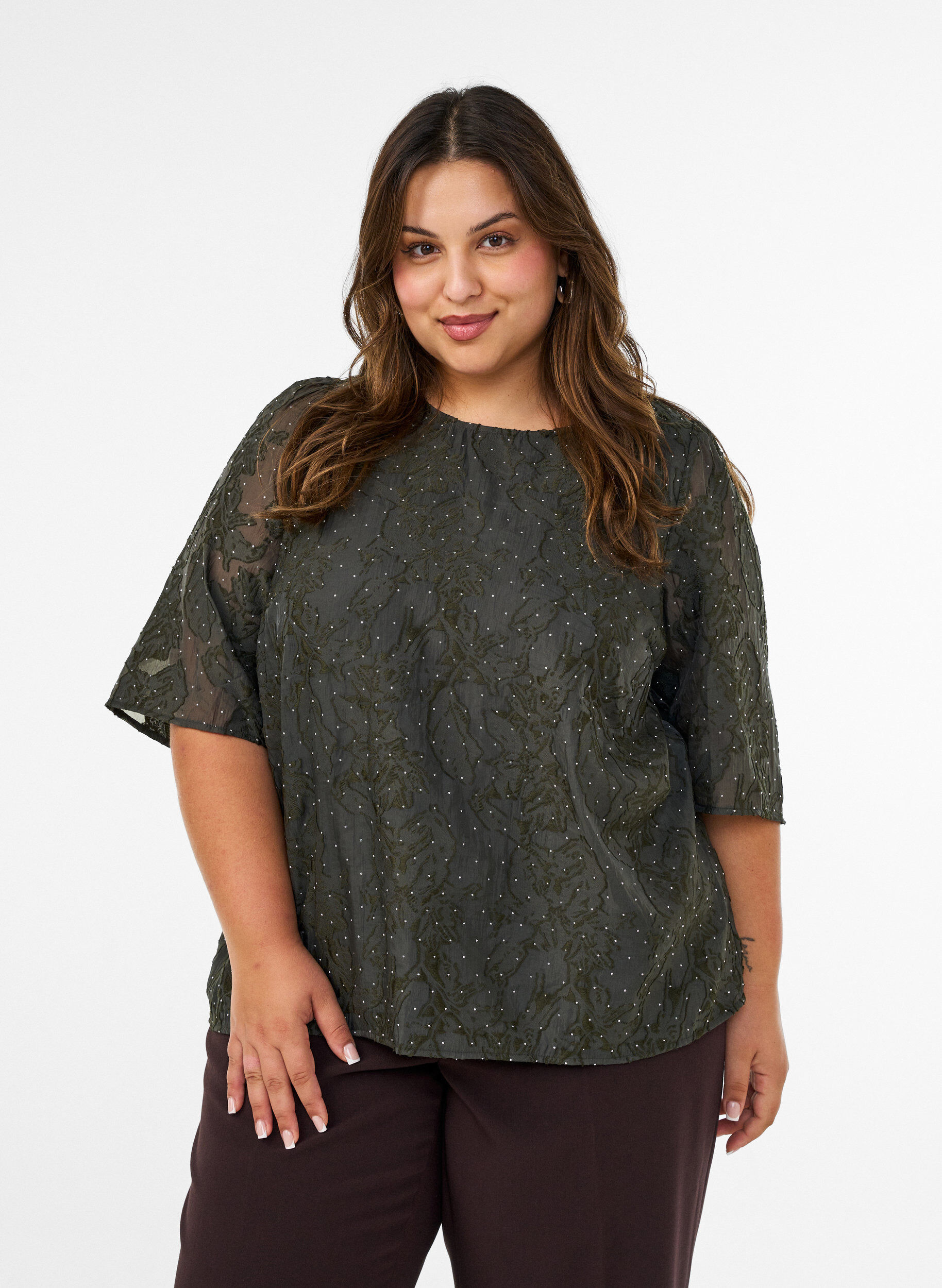 Jacquard blouse met sprankelende details en pofmouwen, Groen, Model