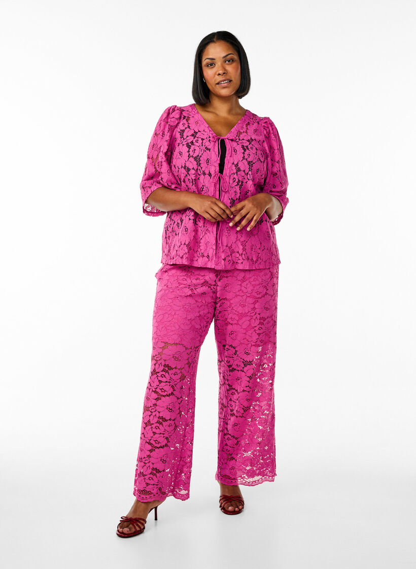 Kanten blouse met 3/4 mouwen en strikjes aan de voorkant, Purple Orchid, Model
