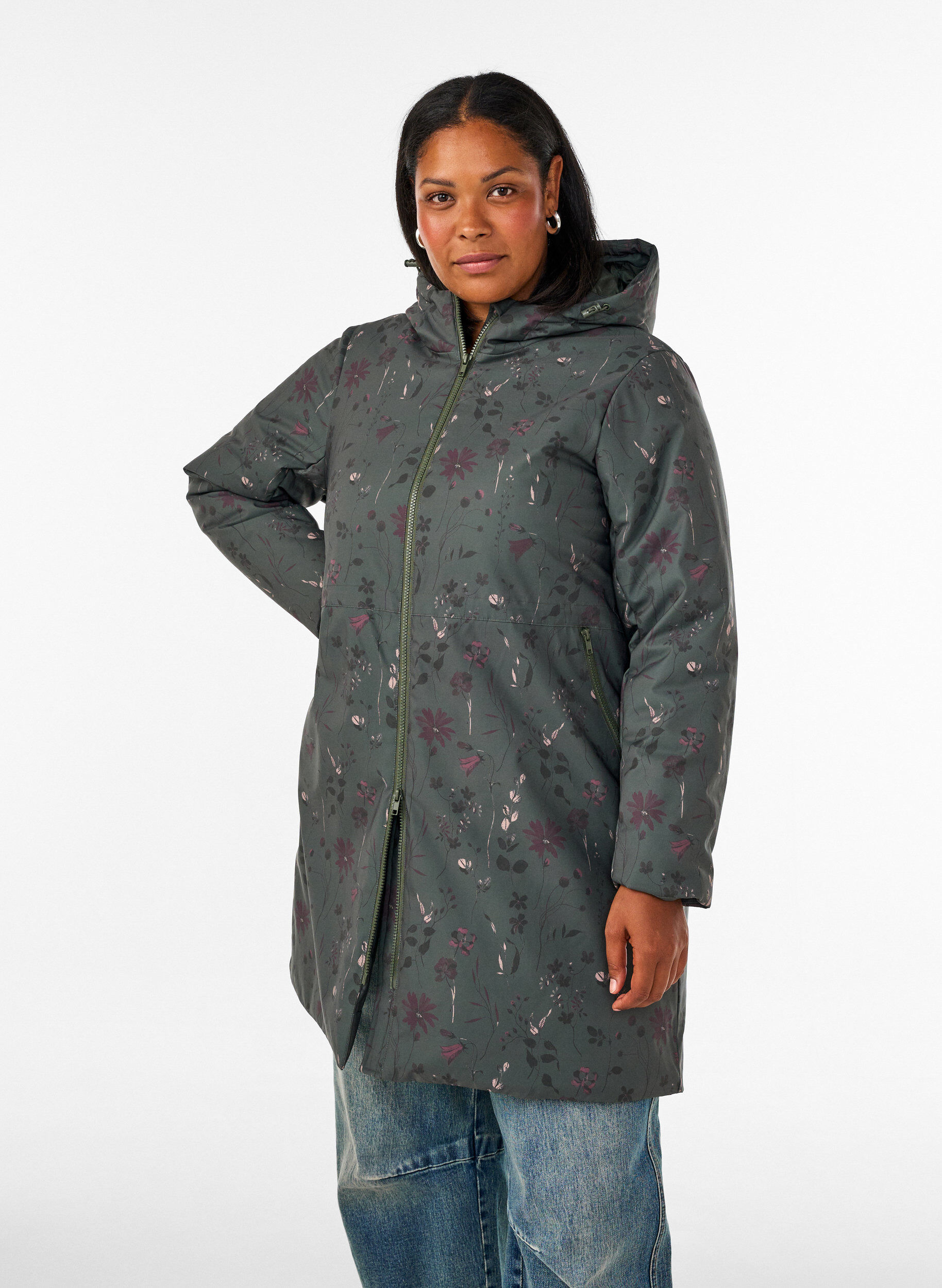 Gewatteerde winterjas met bloemenprint, Groen, Model