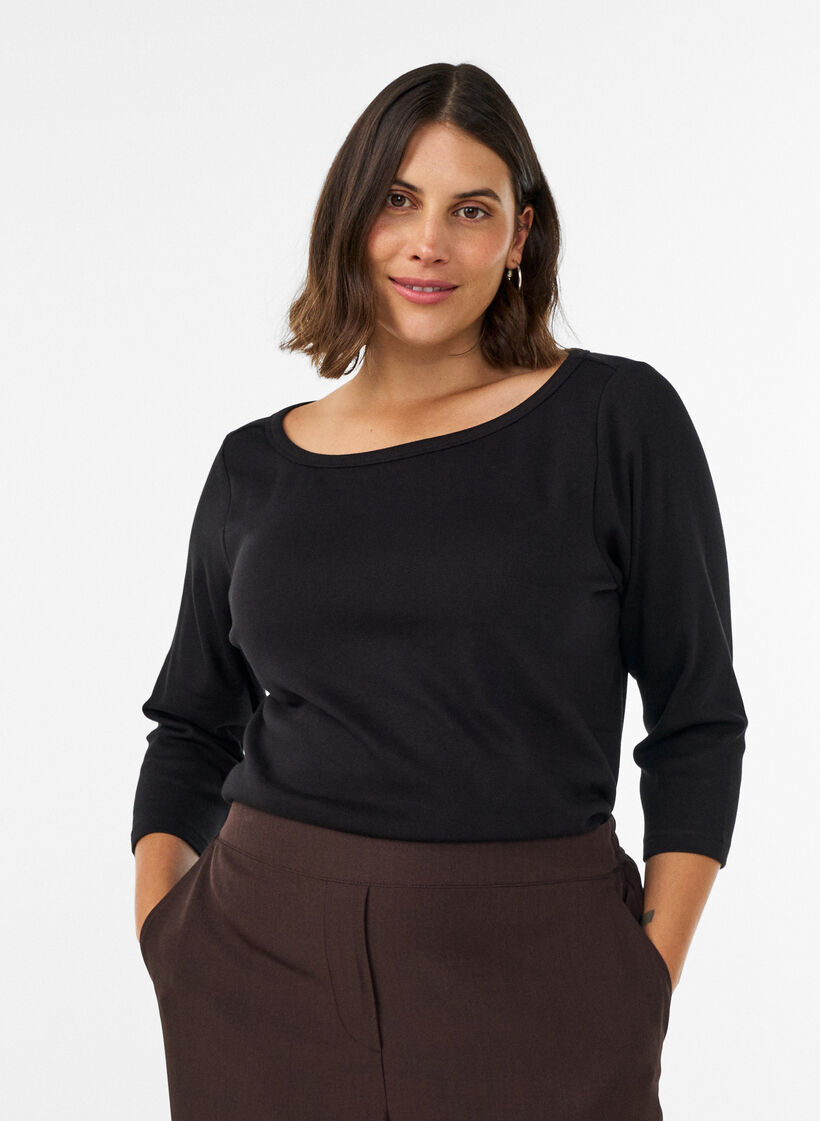 Basic T-shirt met boothals en 3/4-mouwen, Zwart, Model image number 0