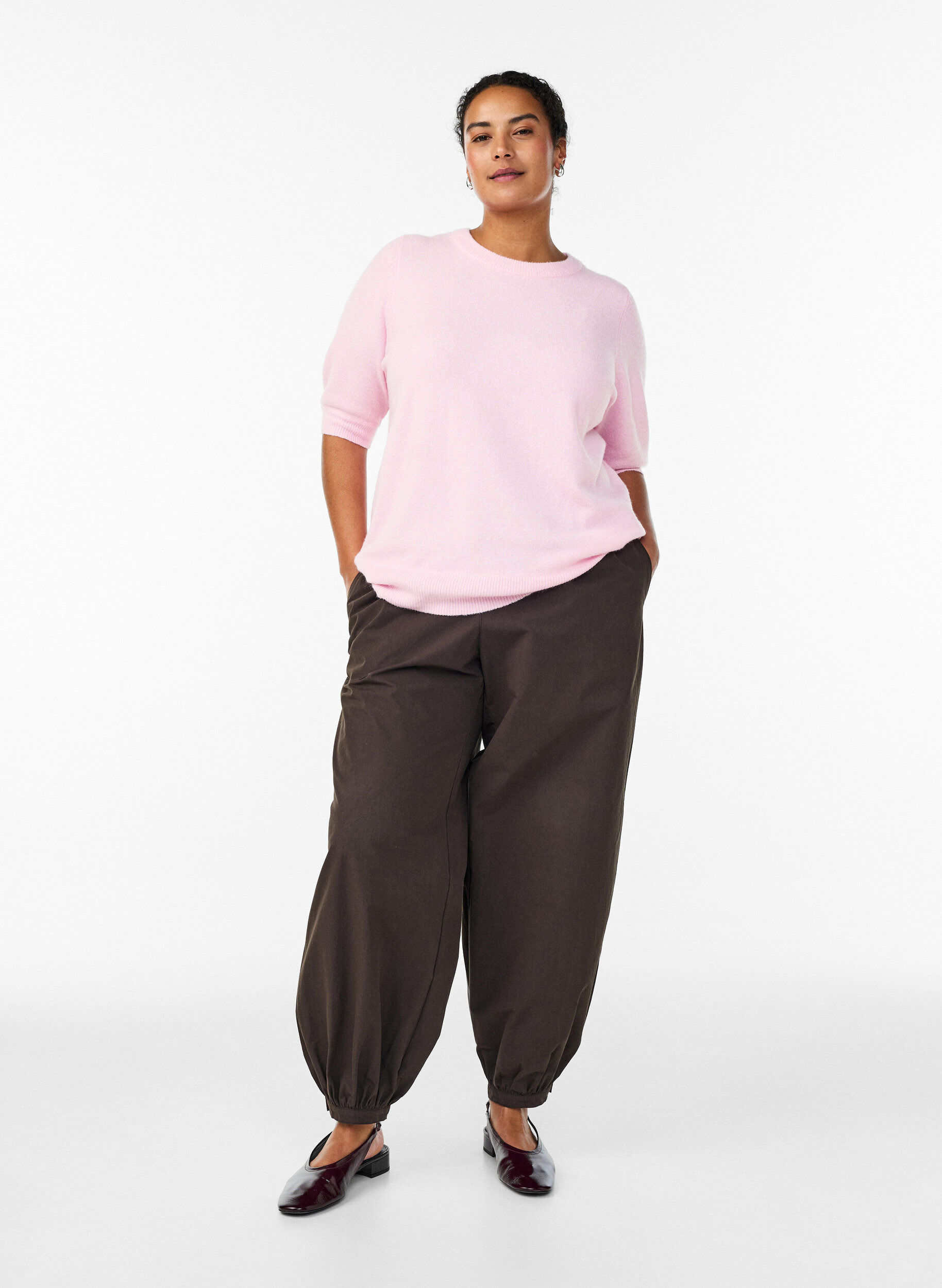 ZizziGebreide blouse met korte mouwen, Roze, Model image number 1