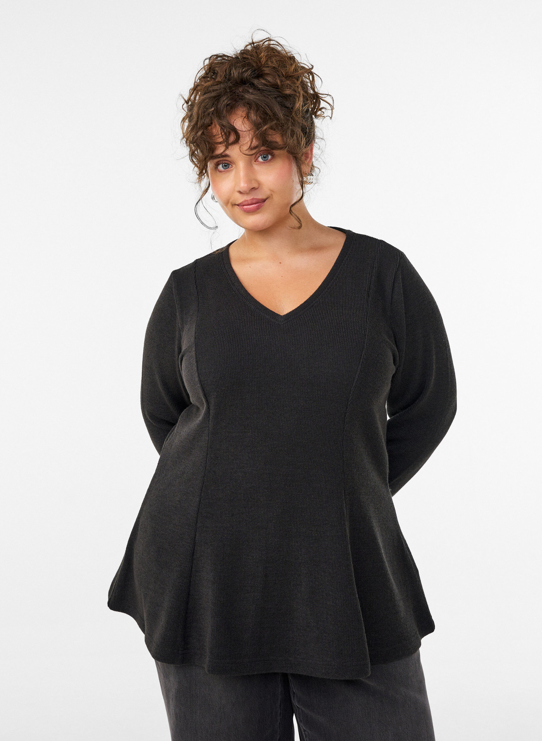 Jersey blouse met een geribde textuur en een A-lijn pasvorm, Zwart, Model