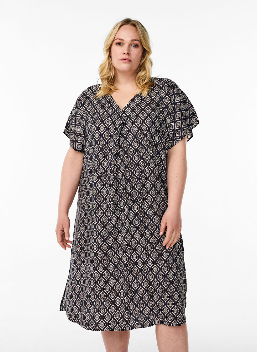 Robe &agrave; col en V en viscose, Bleu, Model image number 0