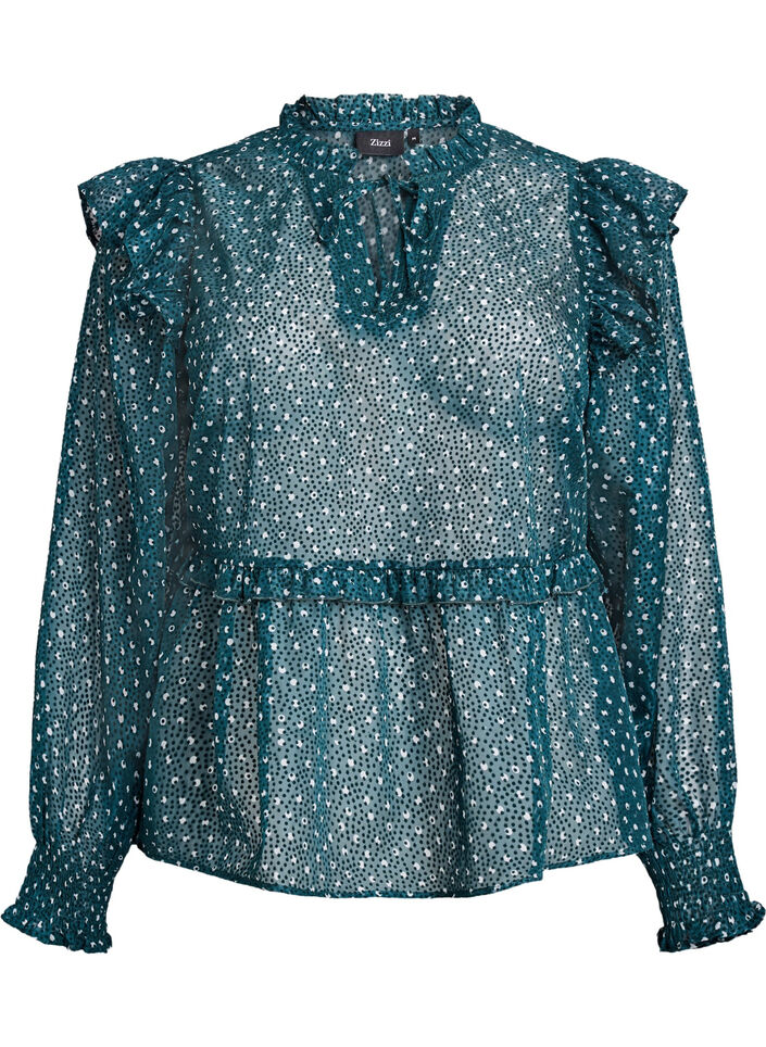 Chiffon blouse met ruchesdetails en kleine stippen, Groen, Packshot image number 0