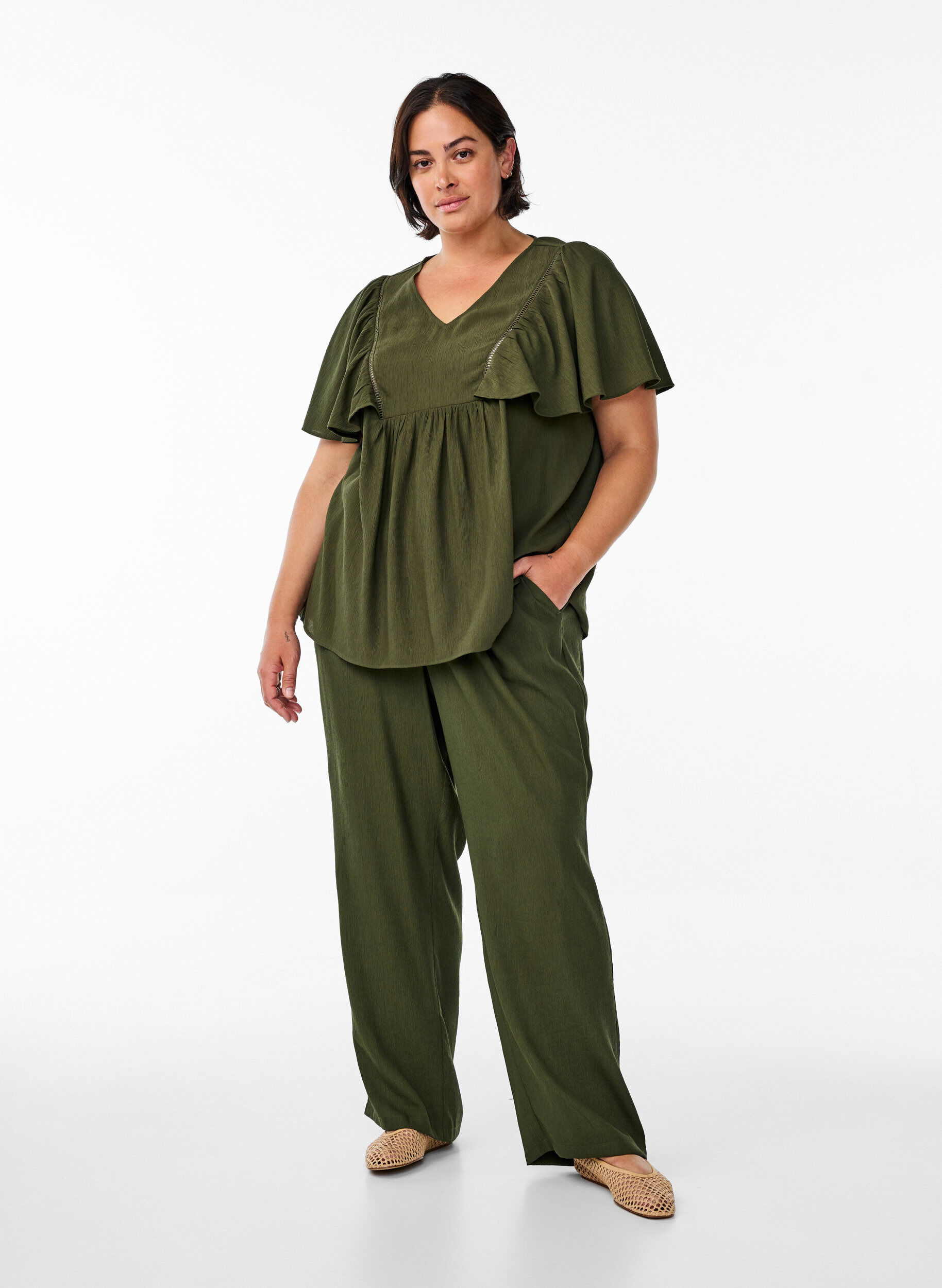 ZizziViscose broek met hoge taille en zakken, Groen, Model image number 1