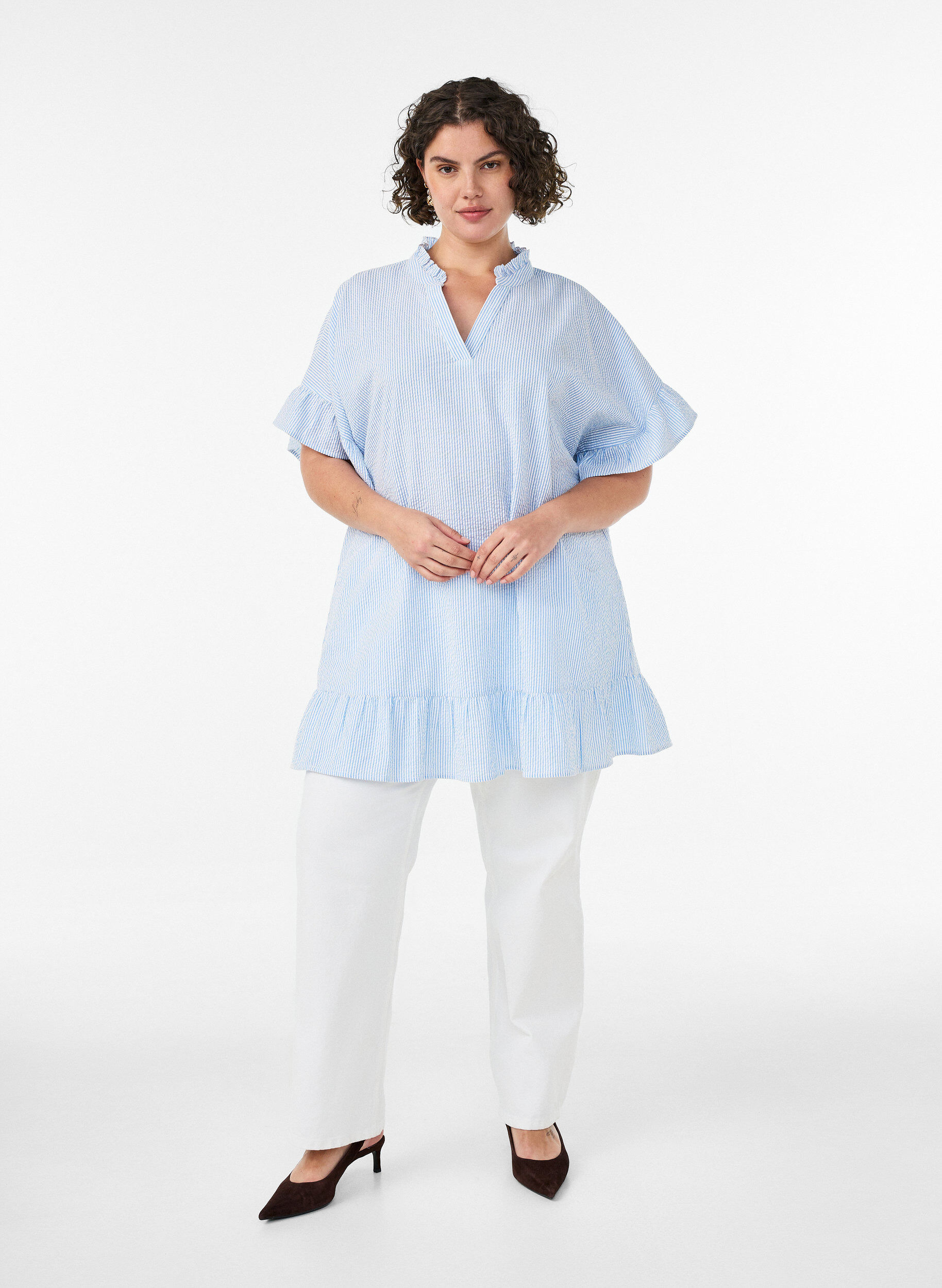 ZizziKatoenen tuniek met strepen en ruchesdetails, Blauw, Model image number 1