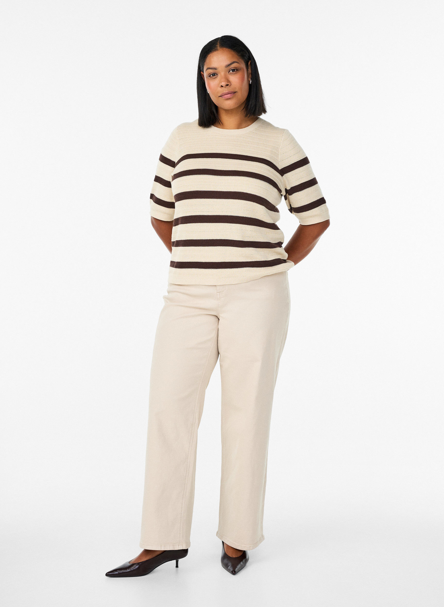 ZizziGebreide blouse met strepen en korte mouwen, Vanille, Model image number 1