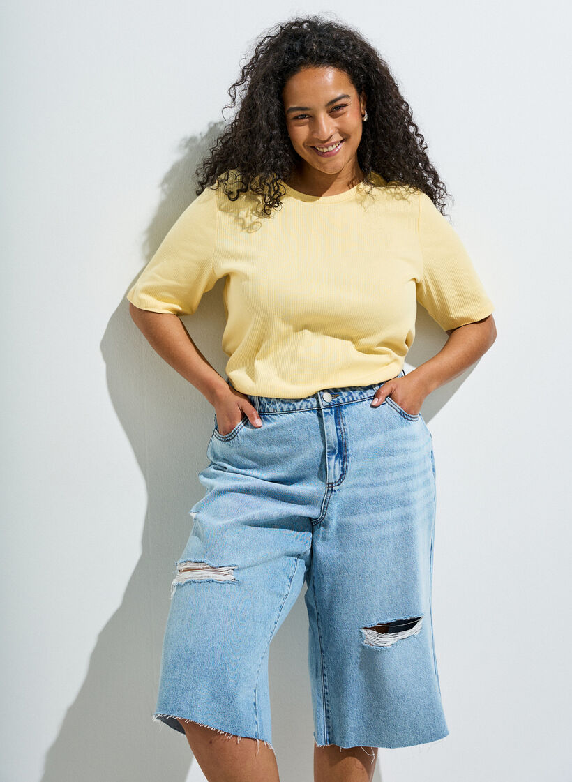 Geribde jersey blouse met korte mouwen, Geel, Image image number 0