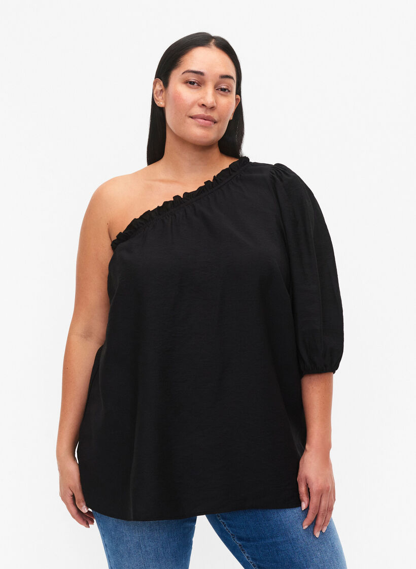 One-shoulder blouse in viscose, Zwart, Model image number 0