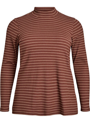 ZizziGeribde gestreepte jersey blouse met een hoge hals, F. Fudge Caribou, Packshot image number 0