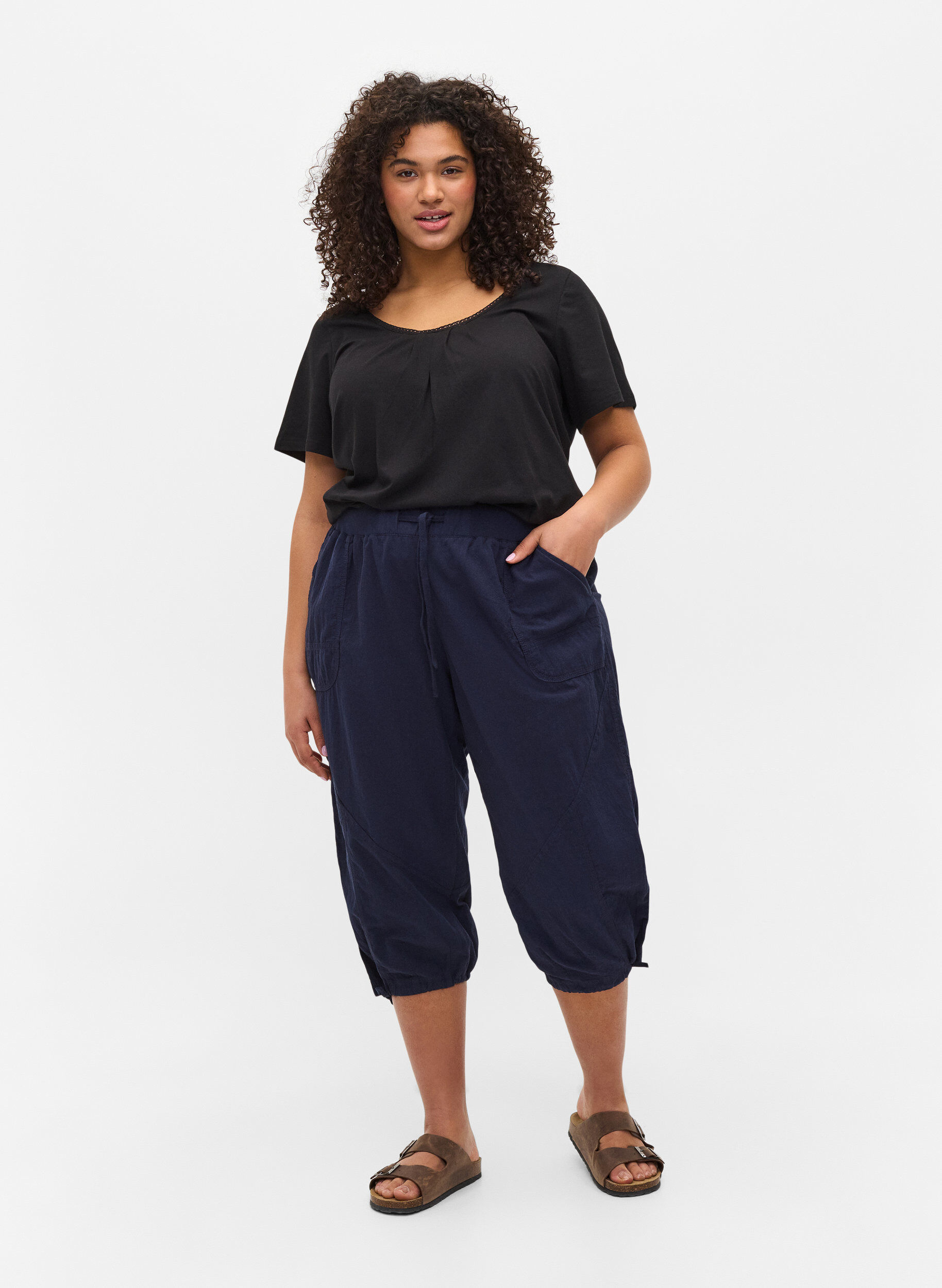 Losse cropped broek van katoen, Blauw, Model
