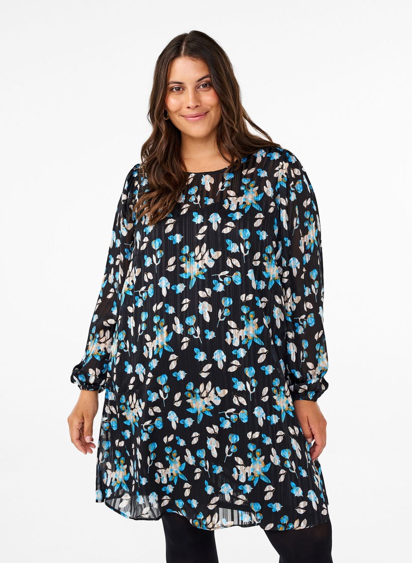 Korte jurk met print en een ronde hals, Zwart, Model image number 0