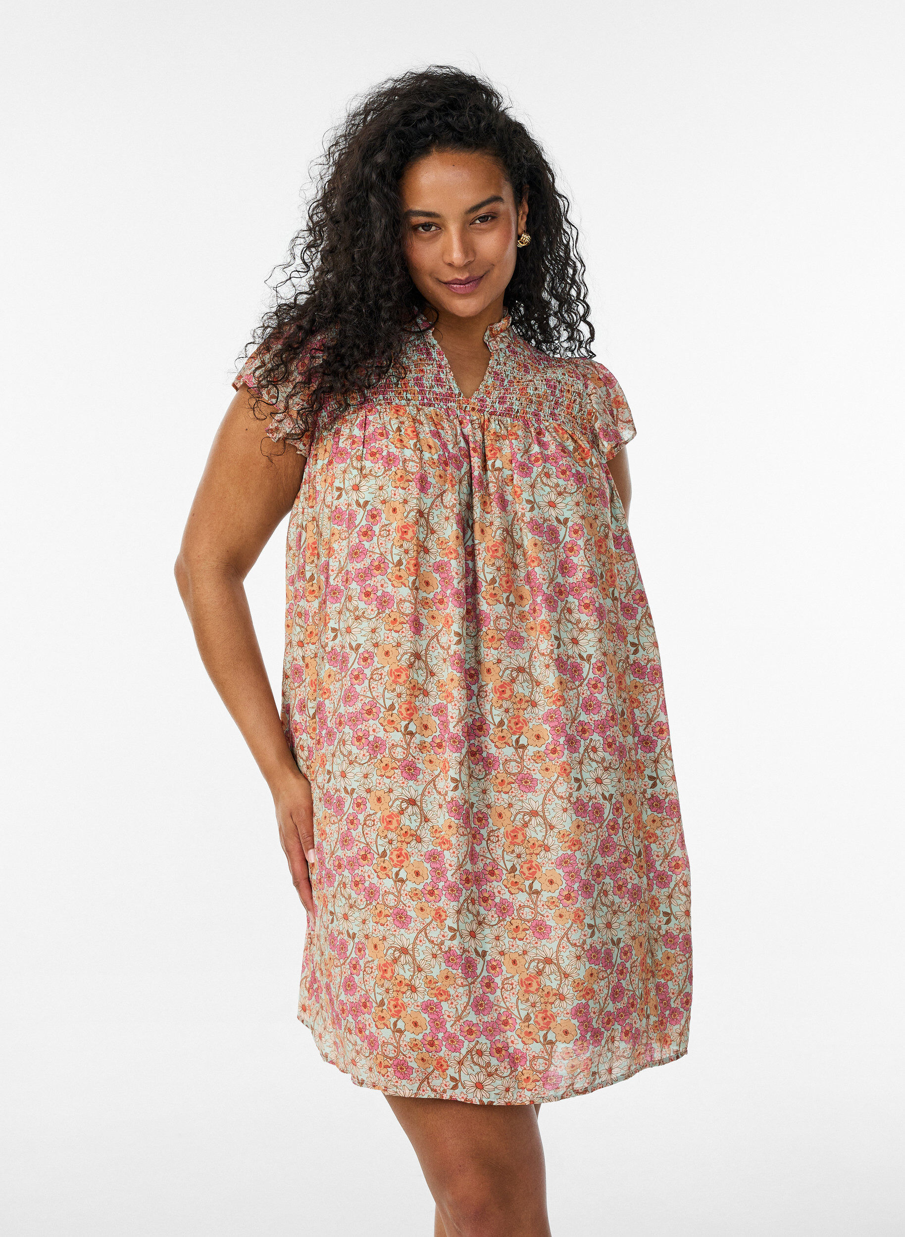 Korte viscose jurk met smokwerk en bloemenprint, Oranje, Model