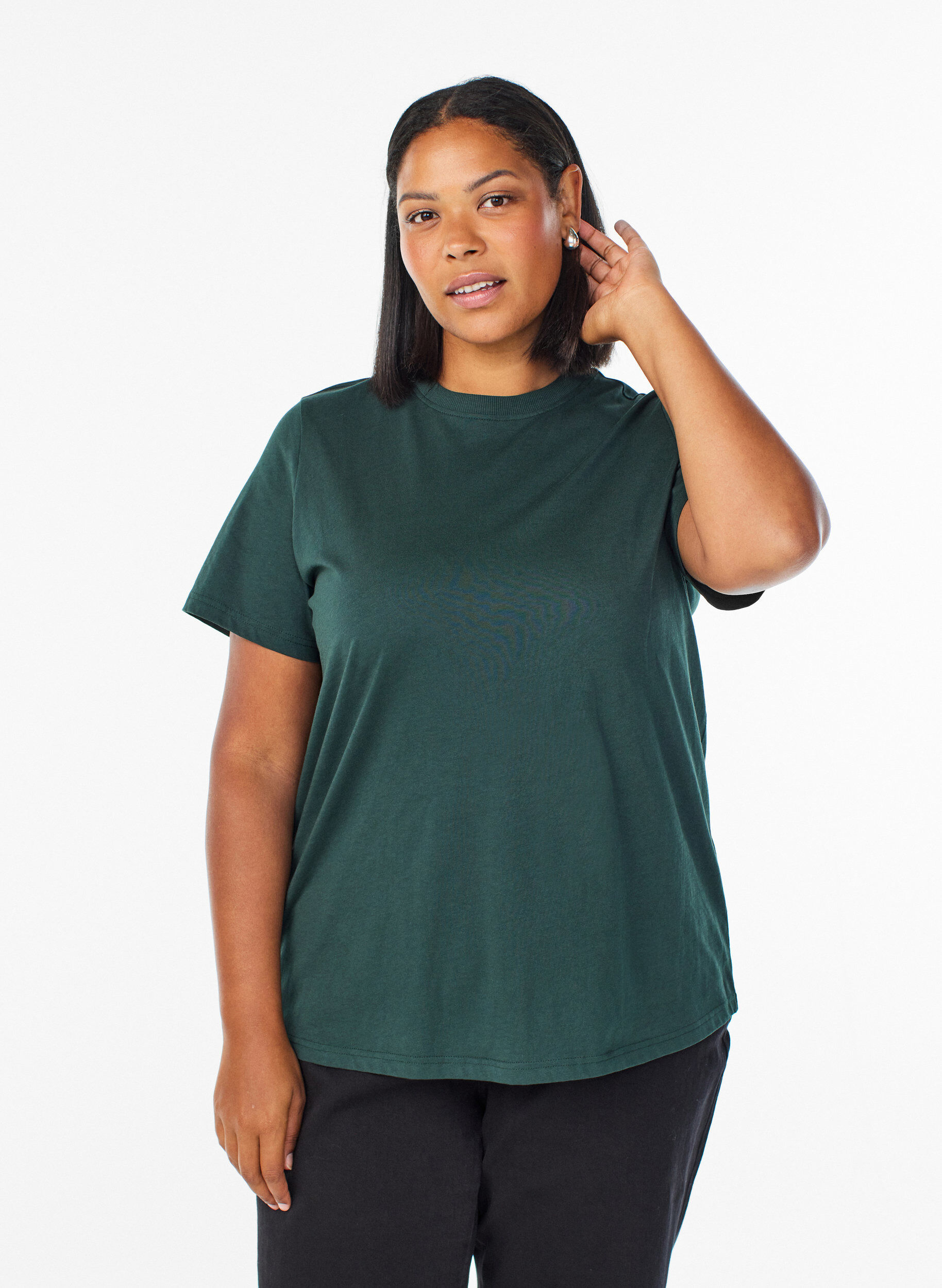 Basic katoenen T-shirt met ronde hals, Groen, Model