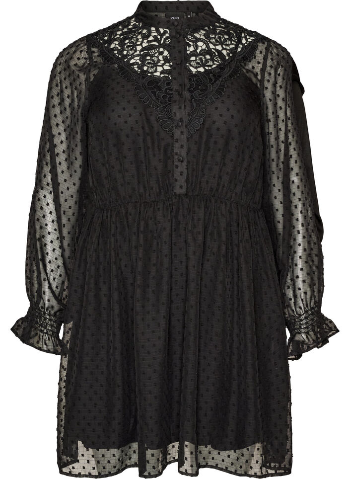 Chiffonjurk met guipure kant en empire-lijn, Zwart, Packshot image number 0
