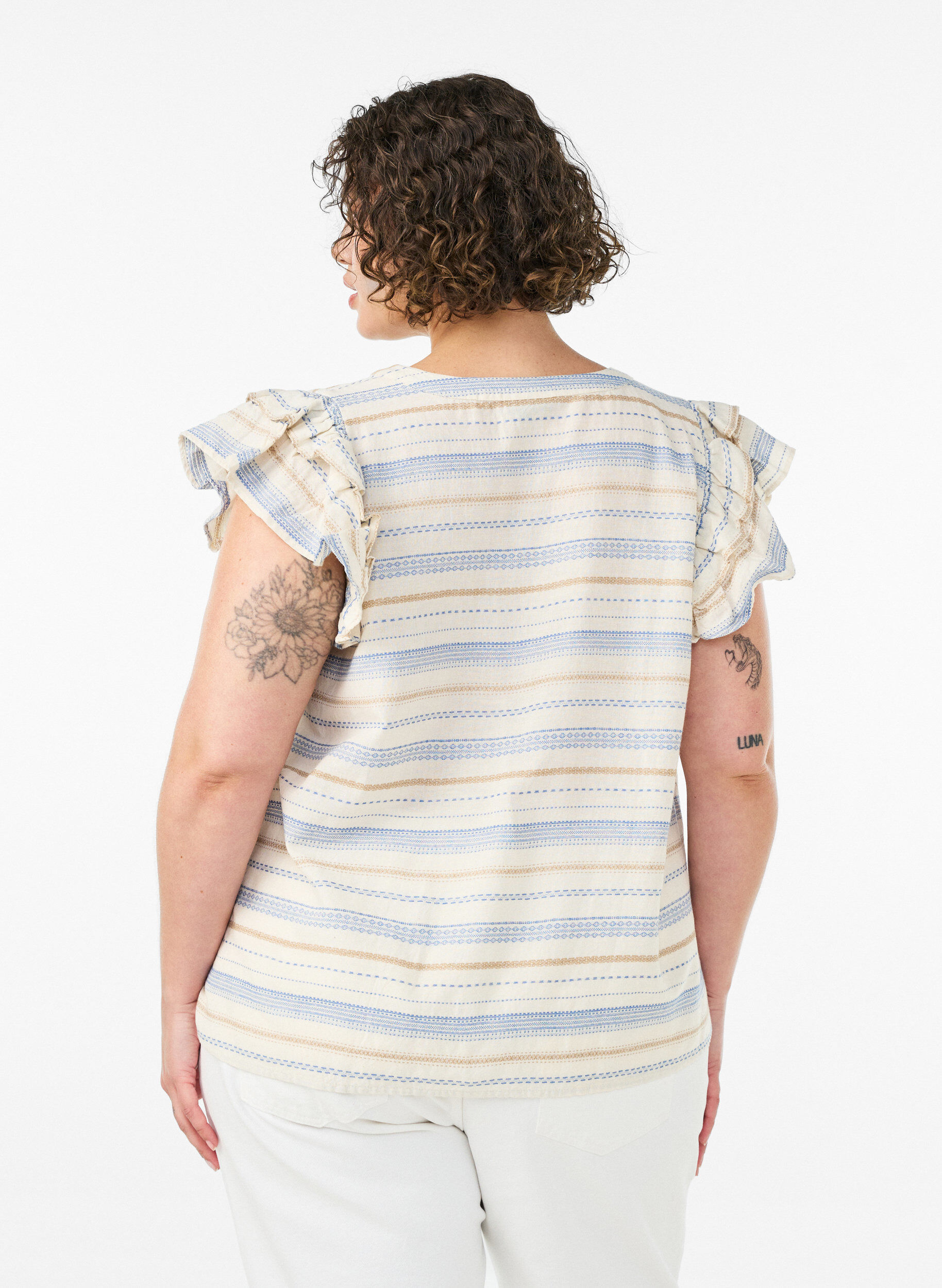 ZizziMouwloze blouse met ruches en gestreept patroon, Vanille, Model image number 2