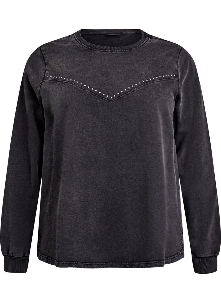 Sweatshirt met rhinestones en gewassen effect, Grijs, Packshot image number 0