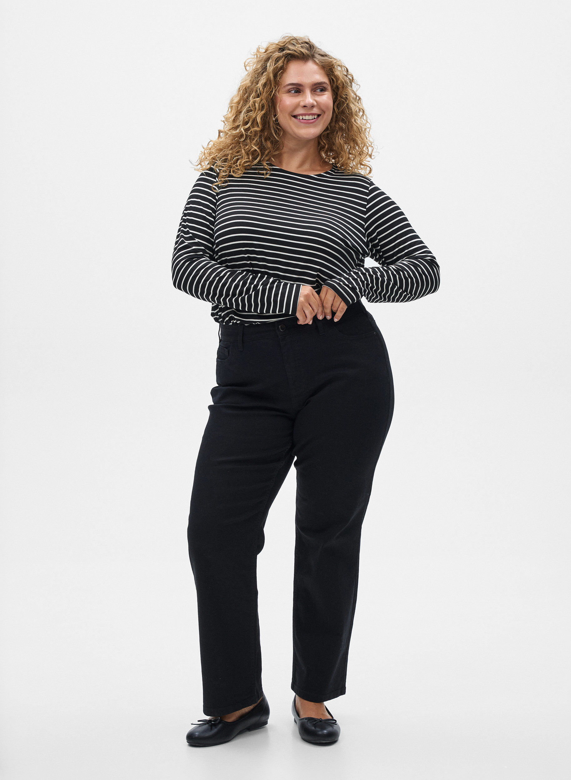 ZizziGestreepte blouse met lange mouwen, Zwart, Model image number 1