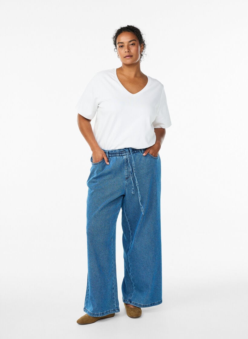 Losse pasvorm jeans met een elastische tailleband en een trekkoord, Blue Denim, Model