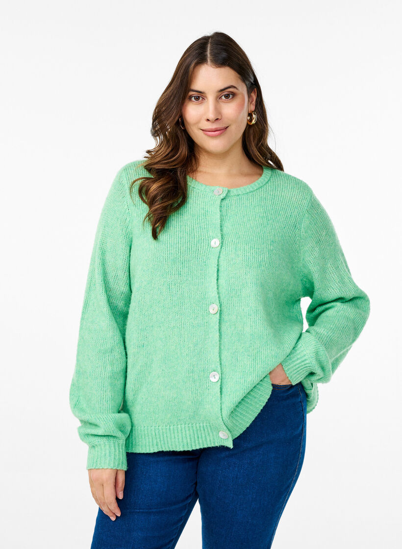 Cardigan en maille comportant de la laine et des boutons, Light G. Green Mel., Model image number 0