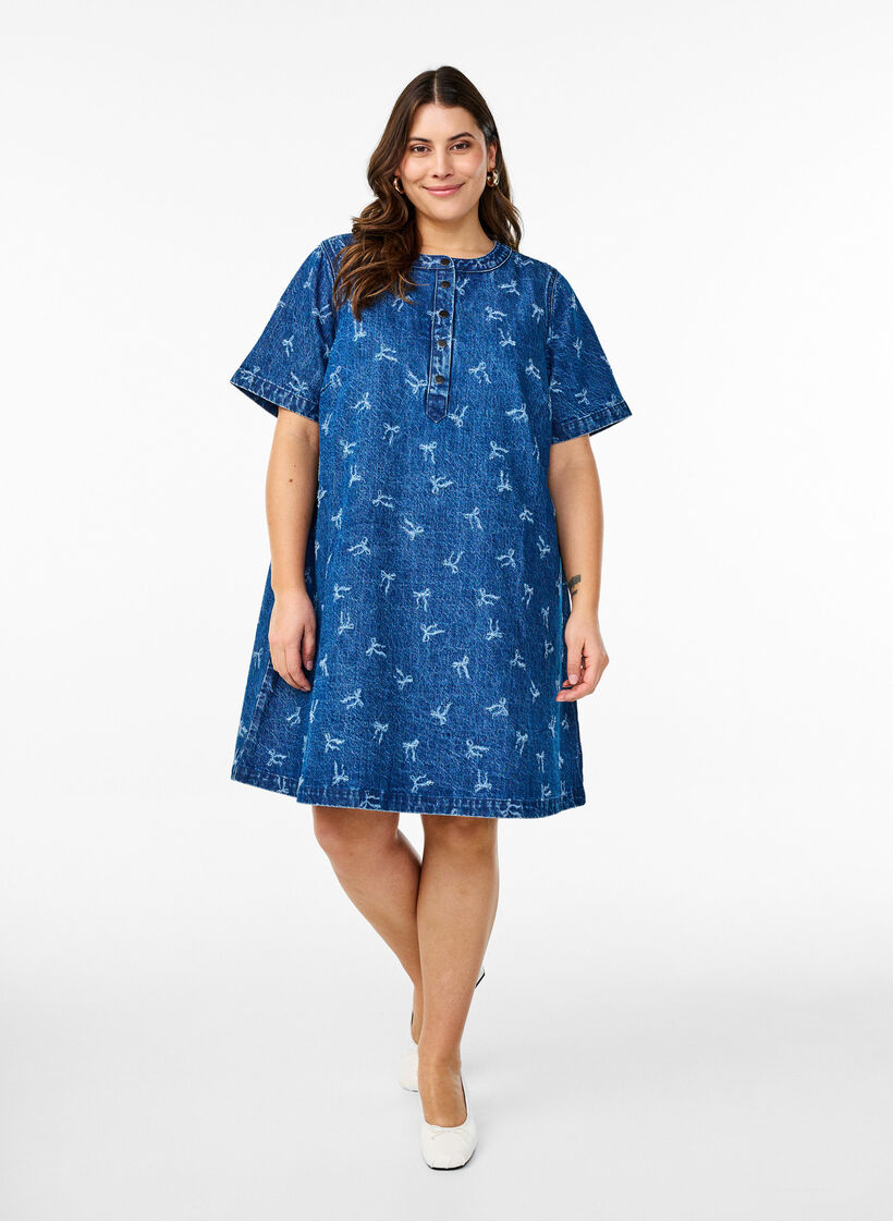 Korte denim jurk met een A-lijn snit en strikpatroon, Dark Blue Denim Bow, Model