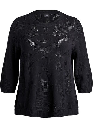 ZizziGebreide blouse met een opengewerkt patroon en 3/4 mouwen, Black, Packshot image number 0