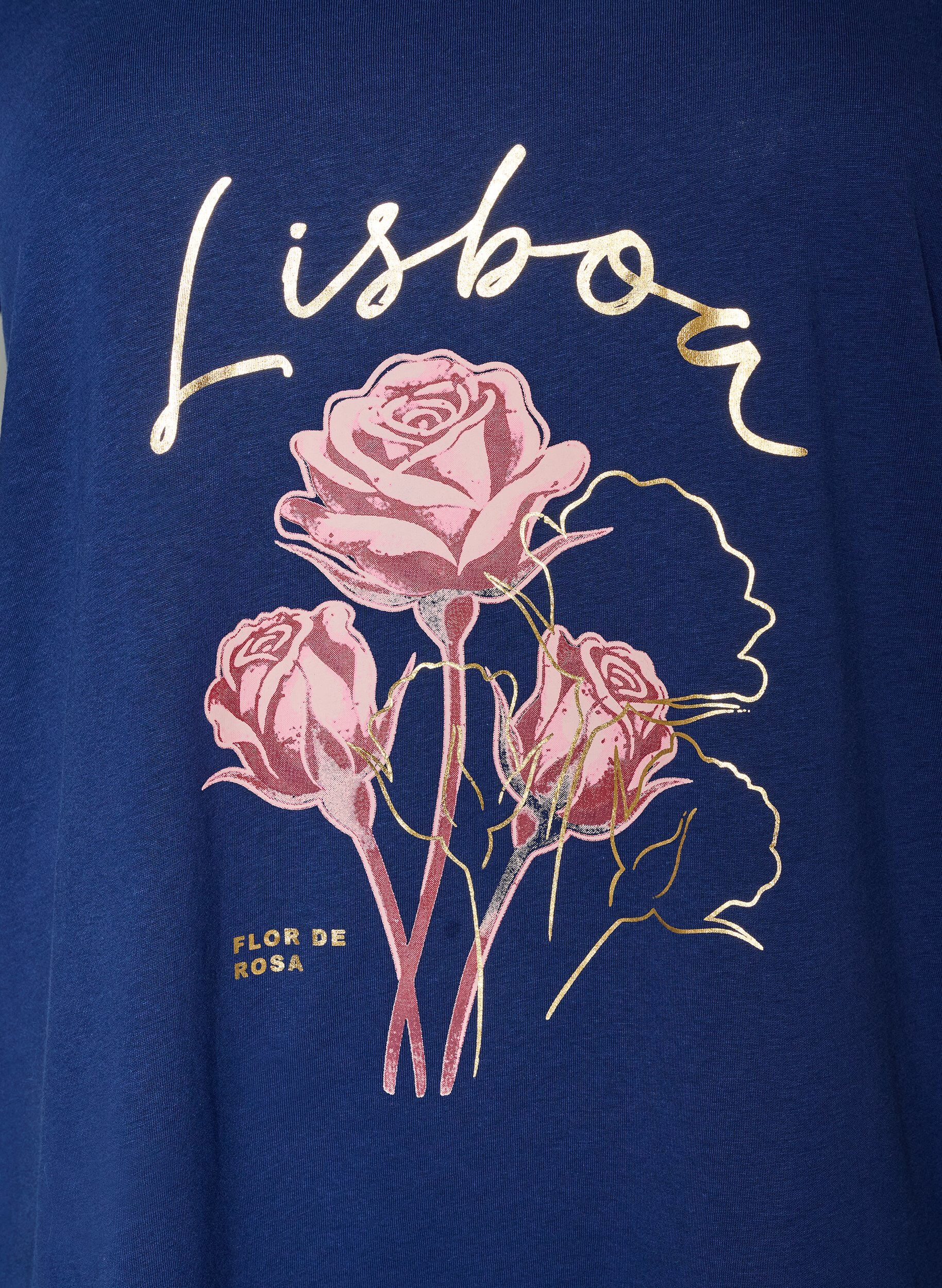 ZizziKatoenen T-shirt met V-hals en print aan de voorkant, Blauw, Packshot image number 2