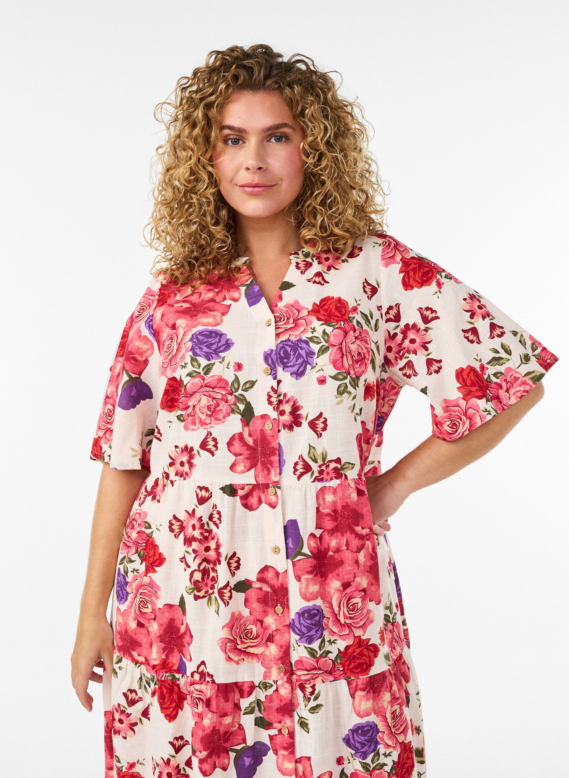 ZizziKatoenen midi jurk met bloemenprint, Rood, Model image number 2