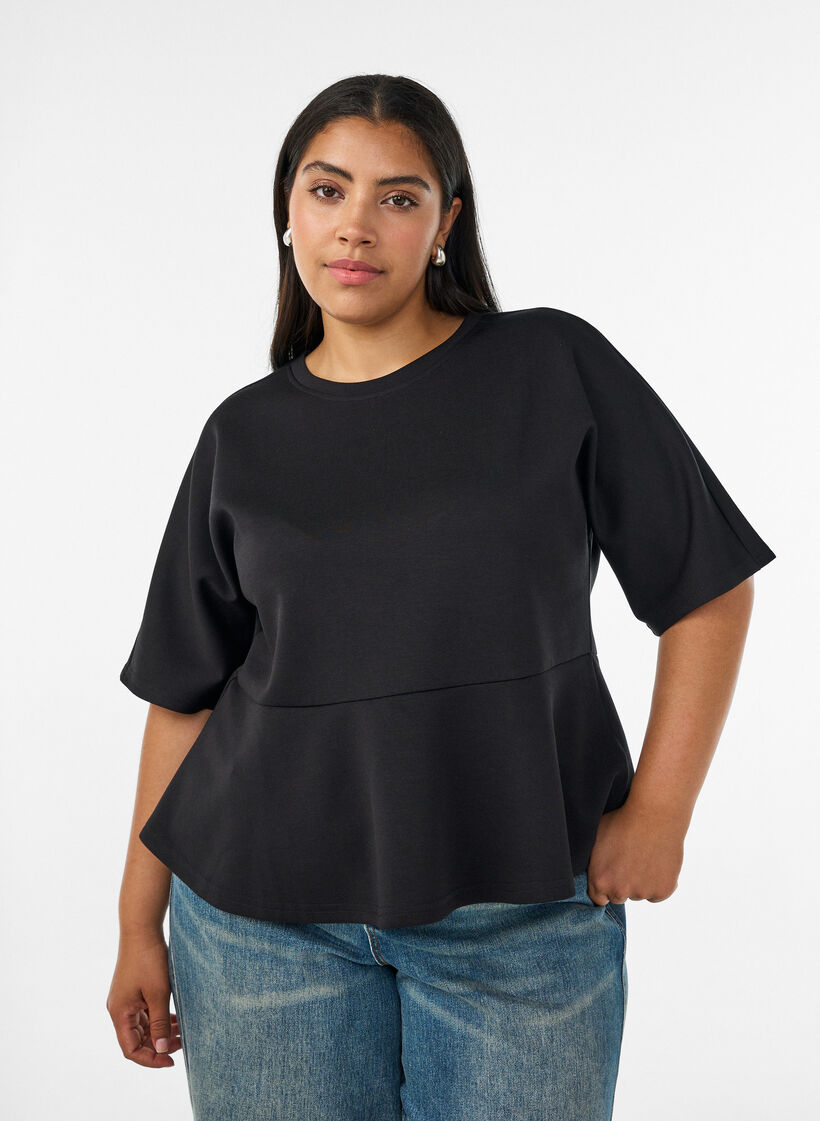 Peplum blouse met ellebooglange mouwen, Zwart, Model image number 0