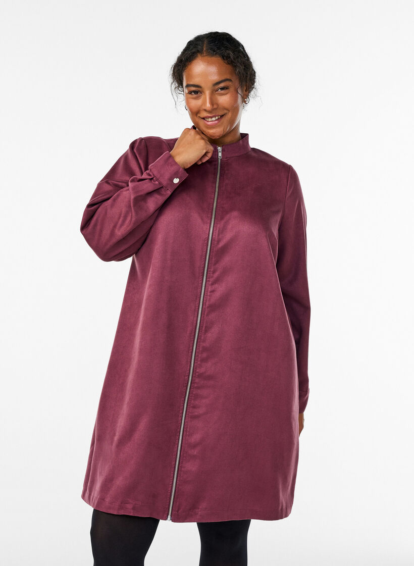 Lang overhemd van imitatie-suède met rits, Rood, Model image number 0