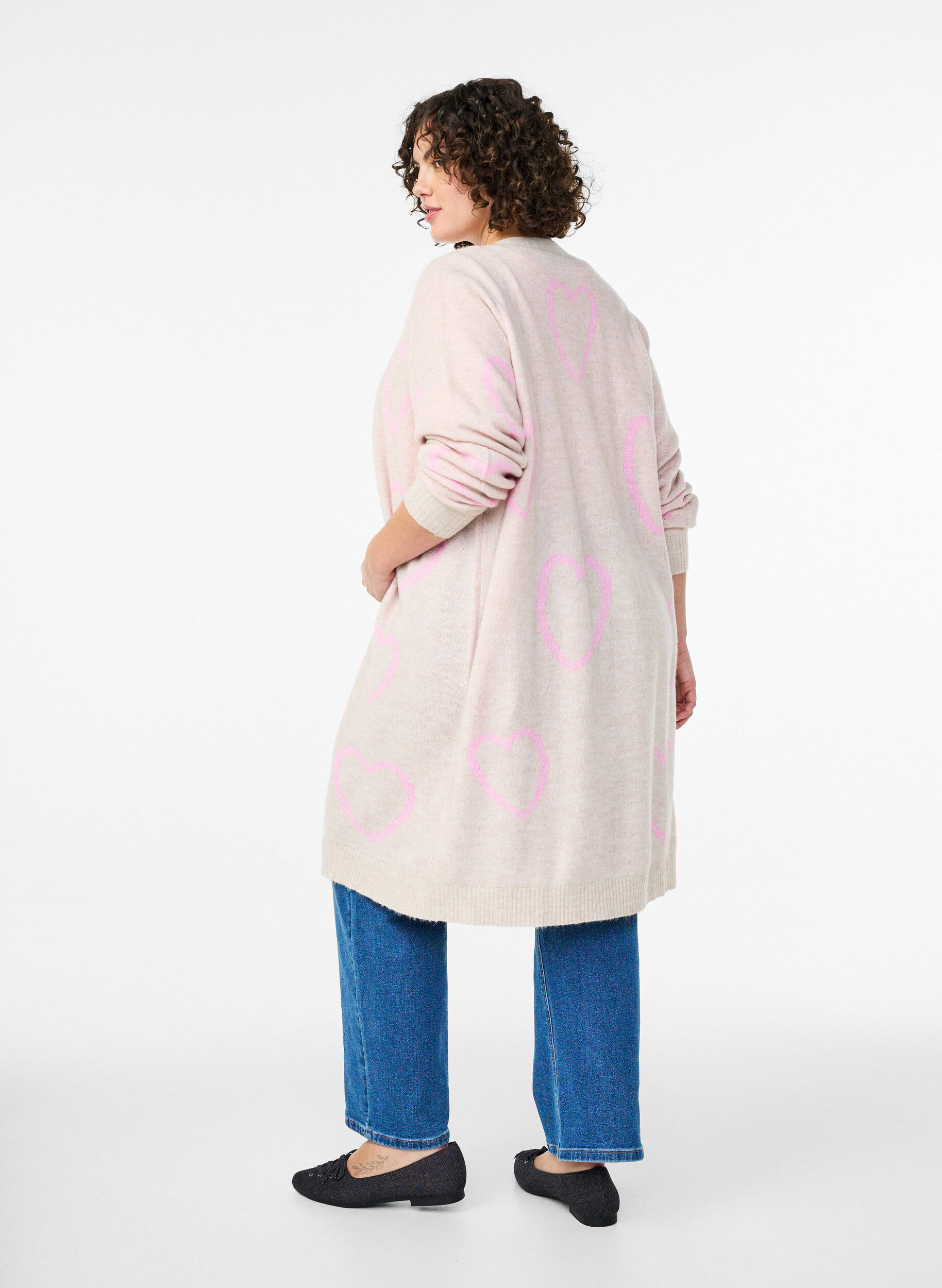 ZizziLange cardigan met ton-sur-ton harten, Beige, Model image number 2