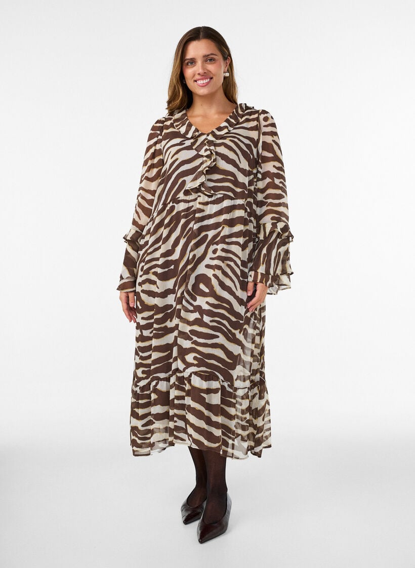 Midi-jurk met ruches en V-hals, Bruin, Model image number 0