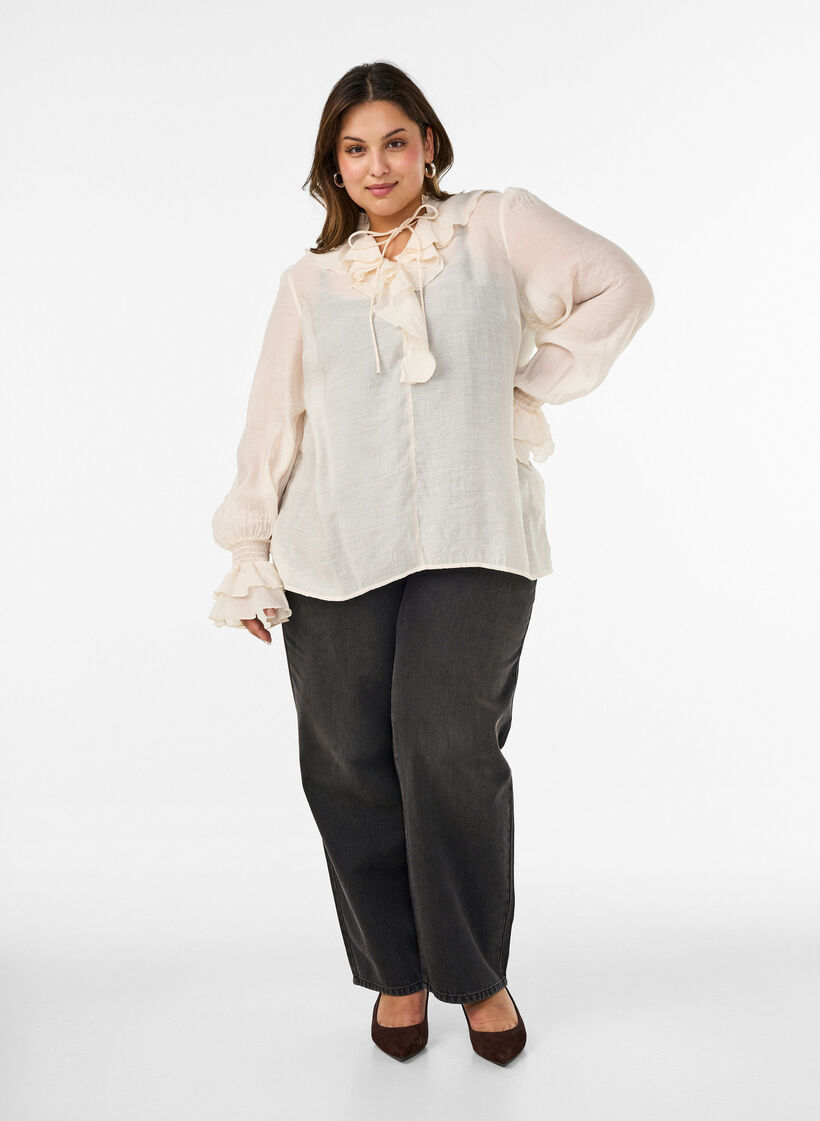 Viscose blouse met ruches en lange mouwen, Vanille, Model image number 1
