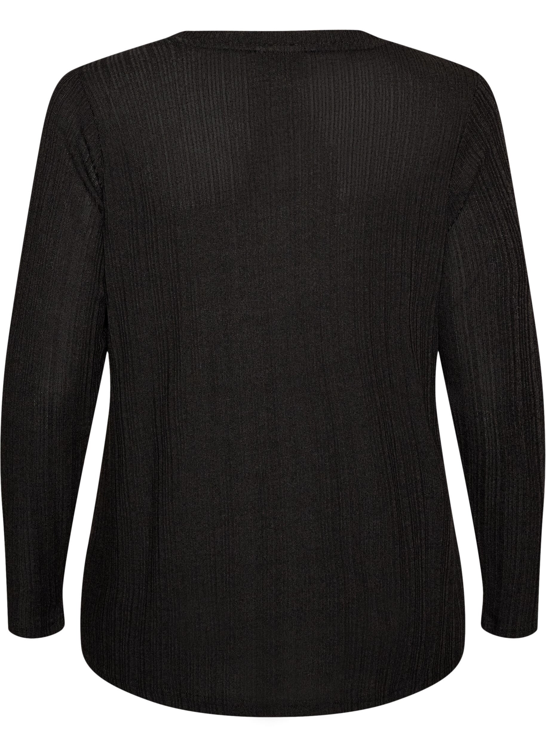 ZizziJersey blouse met geribde structuur en lange mouwen, Zwart, Packshot image number 1
