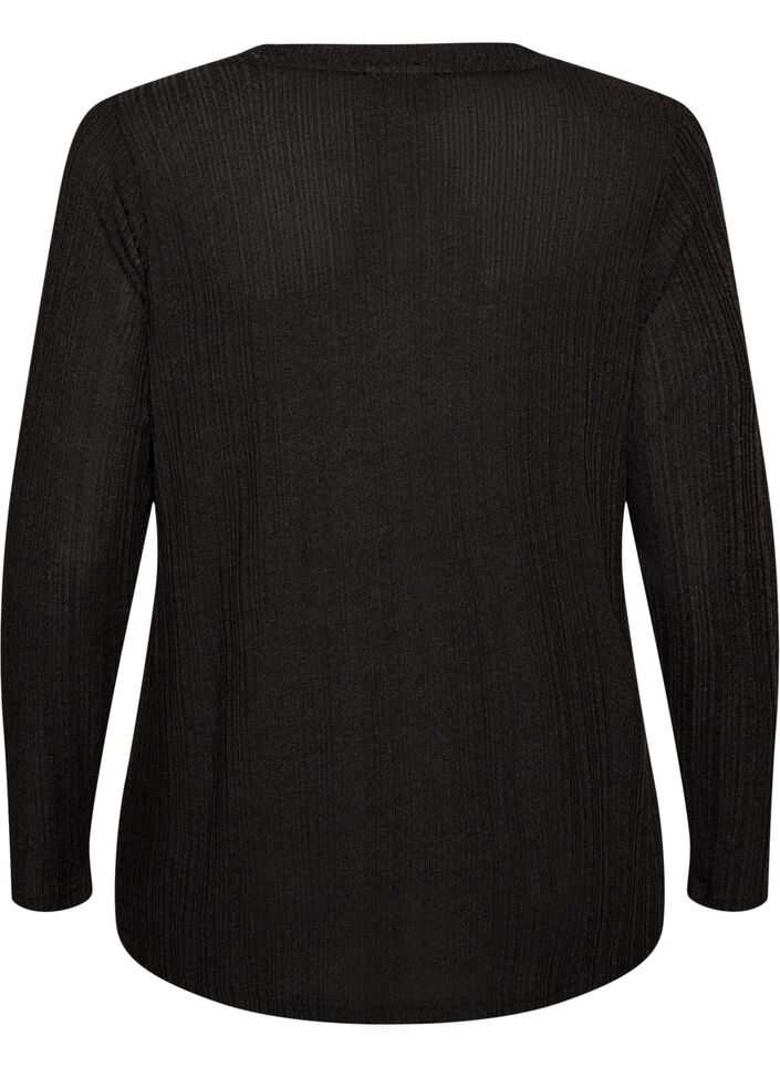 Jersey blouse met geribde structuur en lange mouwen, Zwart, Packshot image number 1