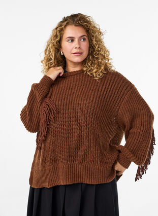 ZizziGebreide blouse met franjes aan de achterkant, Tiramisu, Model image number 1