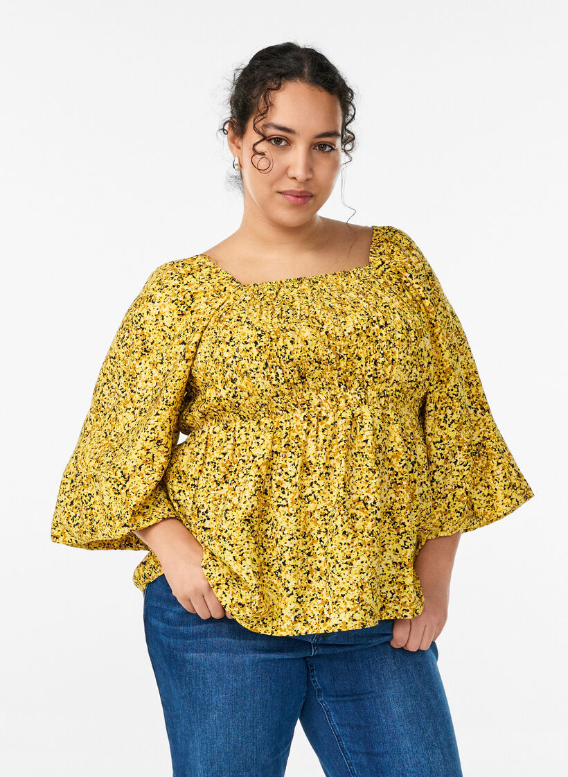Blouse met smock en vierkante halslijn, Geel, Model image number 0