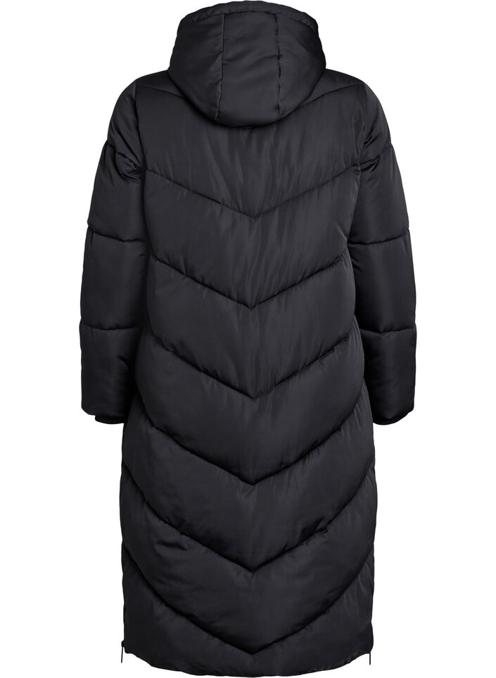 Lange pufferjas met capuchon en zakken, Black, Packshot