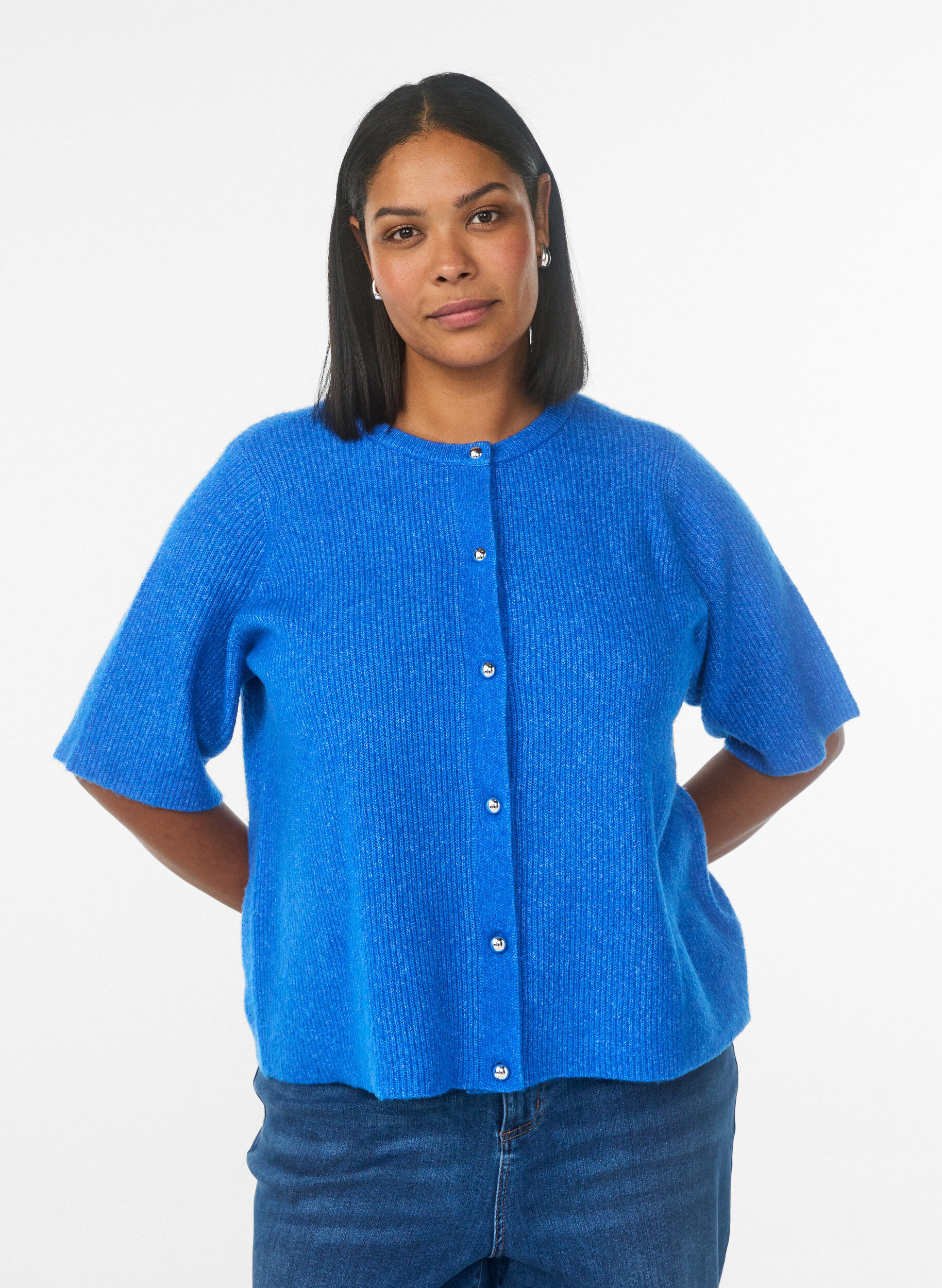 ZizziGebreid vest met korte mouwen en glanzende knoopjes, Blauw, Model image number 0