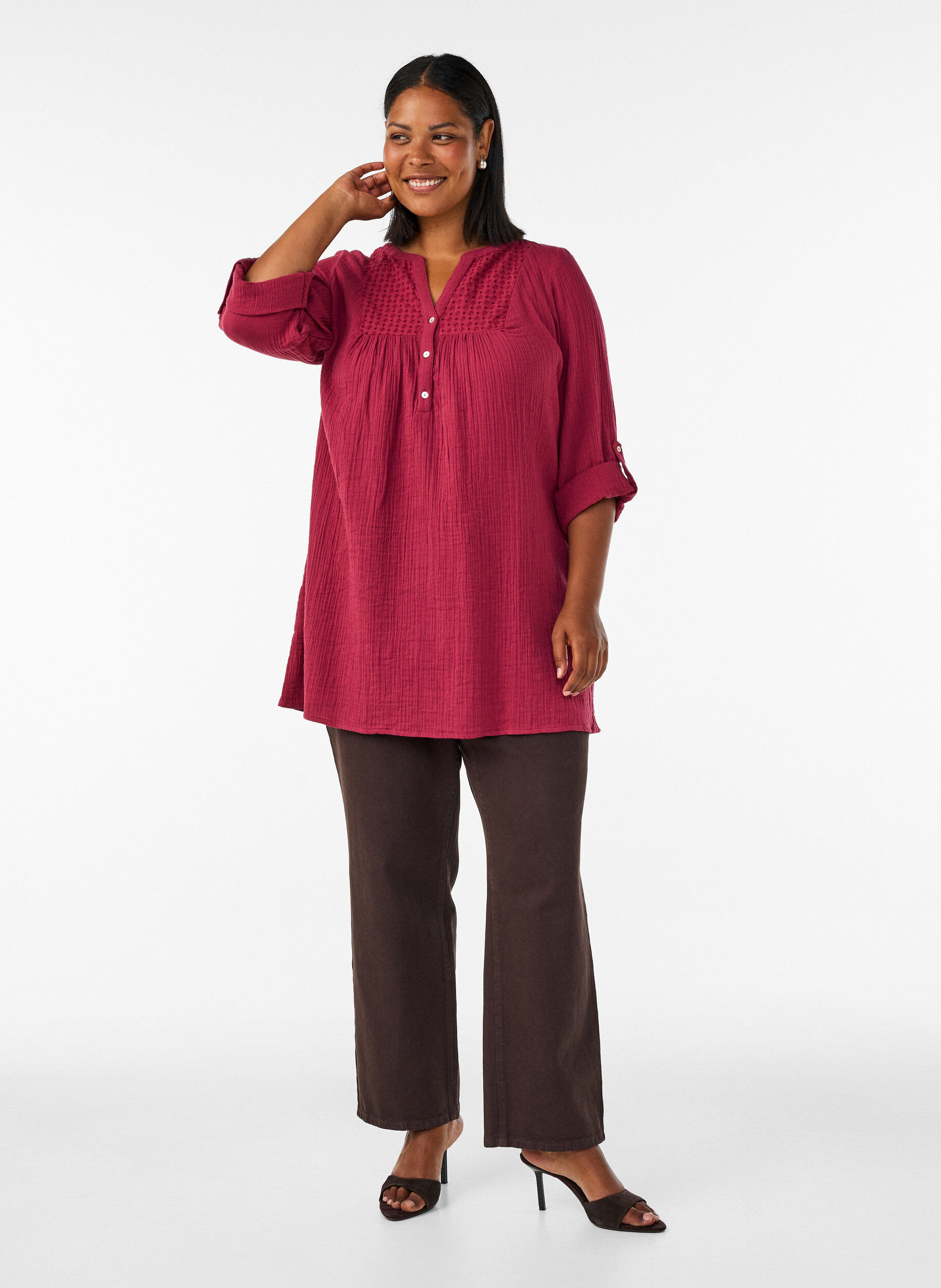 ZizziKatoenen mousseline tuniek met broderie anglaise, Rood, Model image number 1