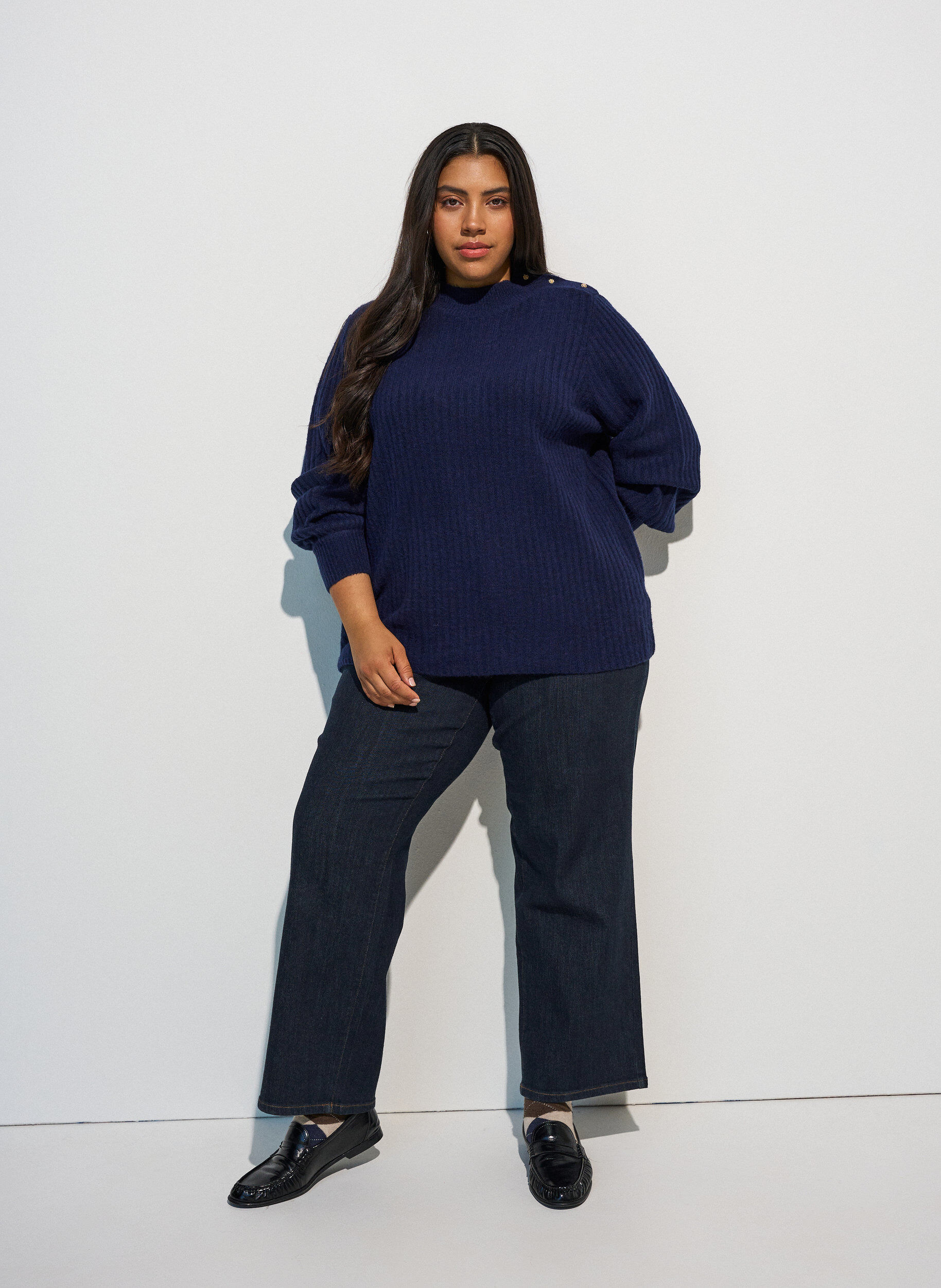 ZizziGeribde trui met pofmouwen en knopen, Blauw, Model image number 1