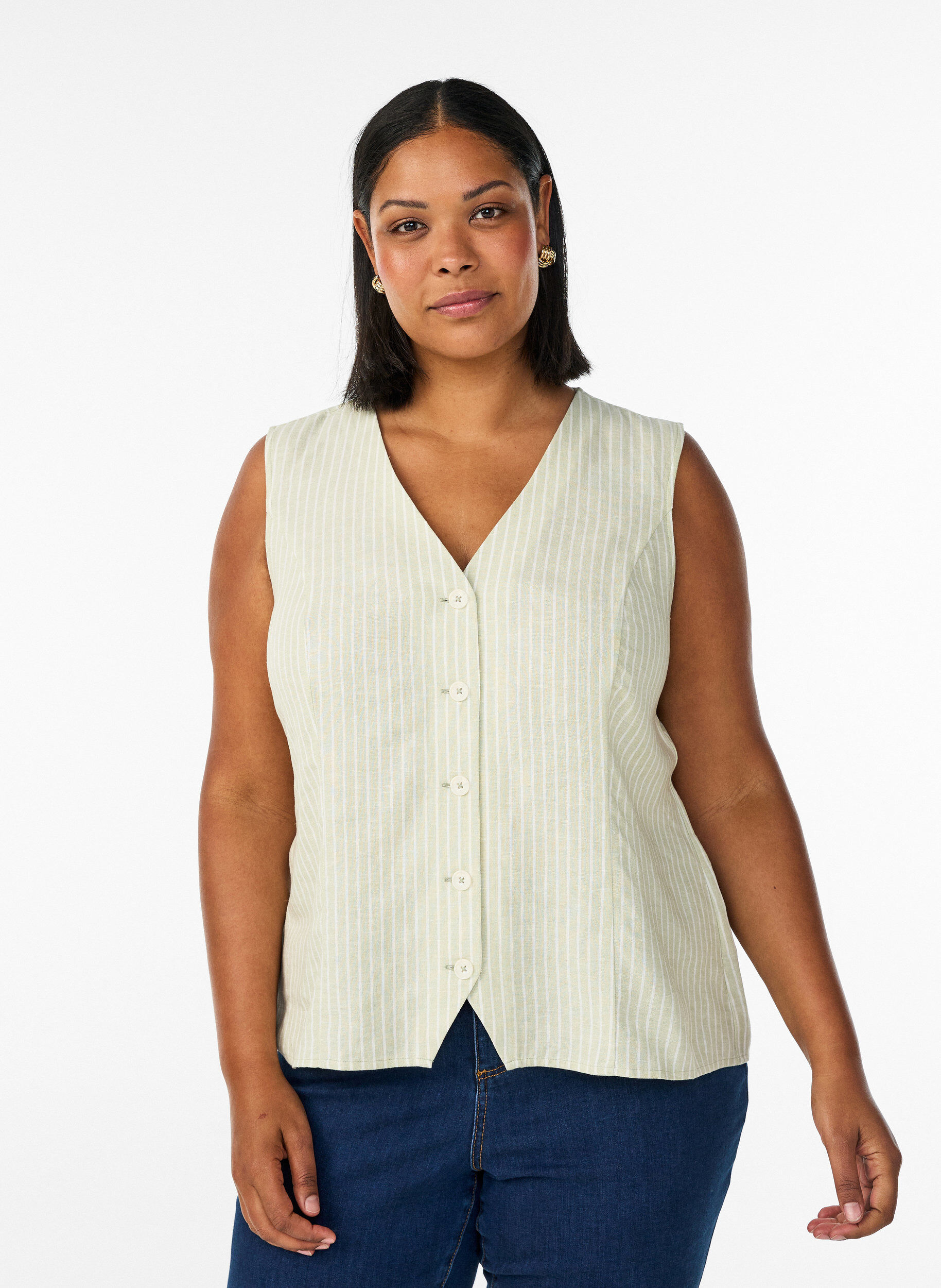 Gestreepte vest in linnen en viscose, Groen, Model