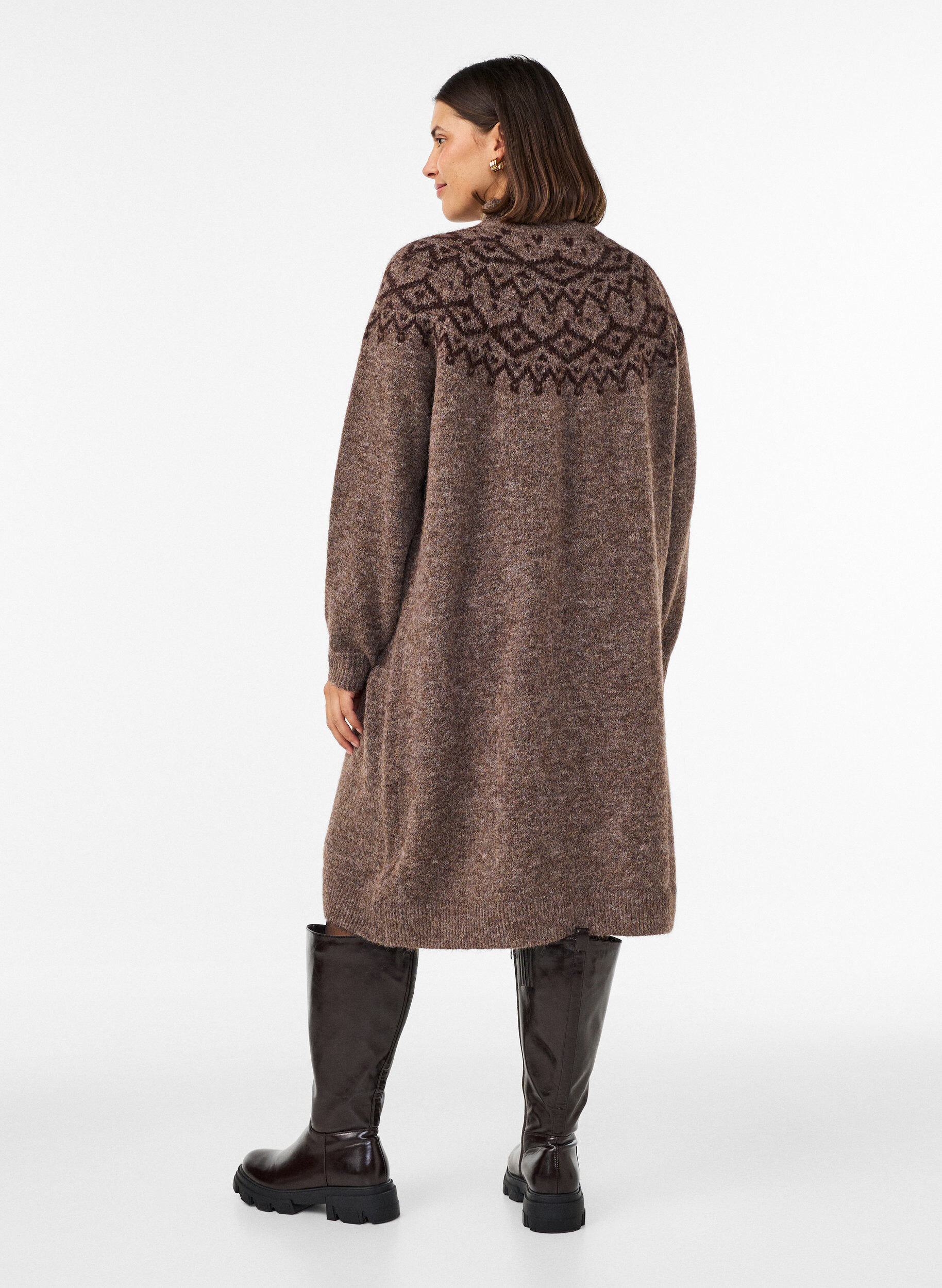 ZizziGebreide jurk met jacquardpatroon, Bruin, Model image number 2